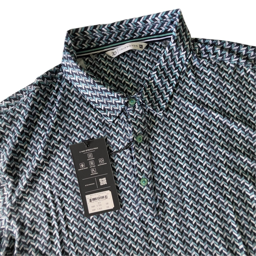 7 Diamonds Mens Polo Shirt Blue Geometric 4-Way Stretch Short Sleeve Lima XL